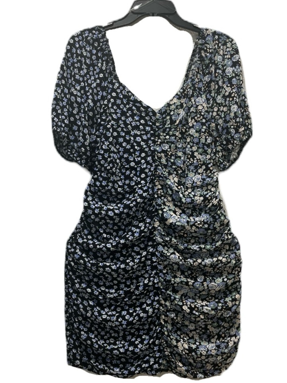 Floral Ruched Mini Dress in Black and Blue